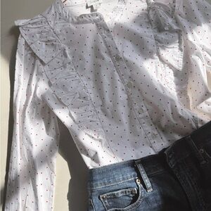 White JCREW Ruffled Cotton Blouse with Red ❤️